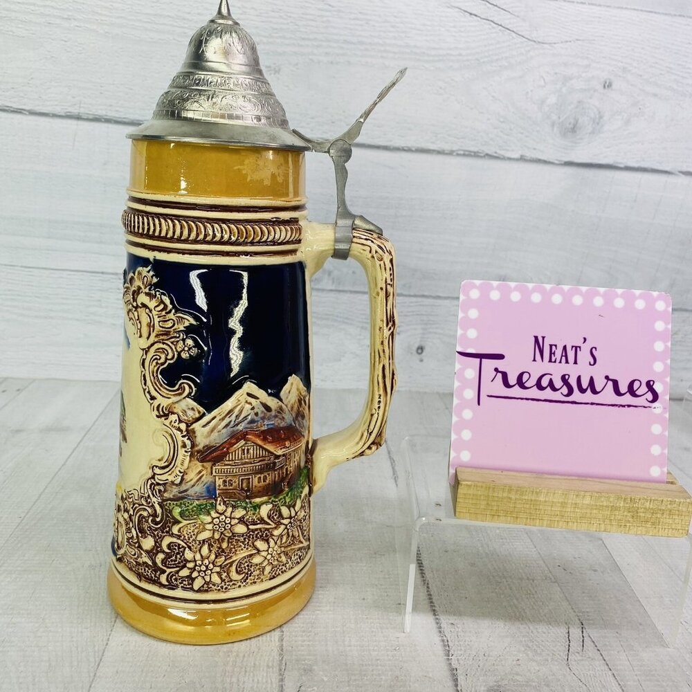 Vintage Original King Western Germany OBERAMMERGAU Handled Lidded 700 Beer Stein